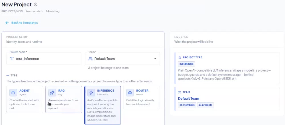 New Project form showing the Agent, RAG, Inference and Router project types