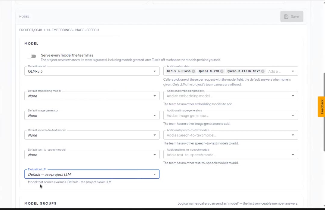 Configuration tab, Model section, with default and additional models for each model kind
