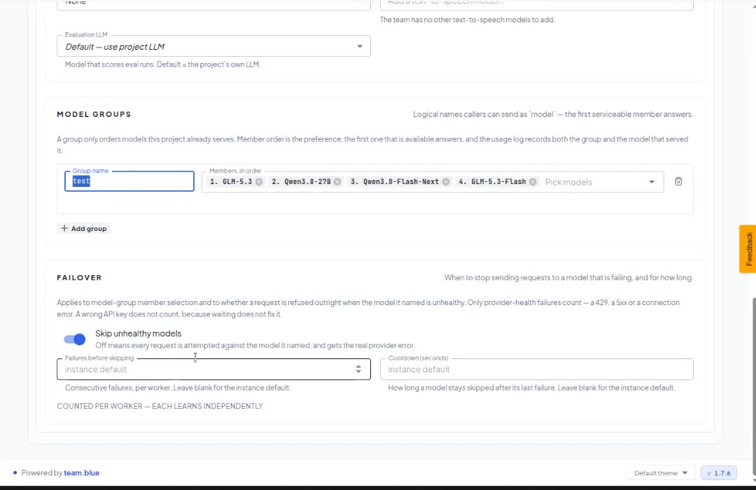 Model groups and Failover settings on the Configuration tab