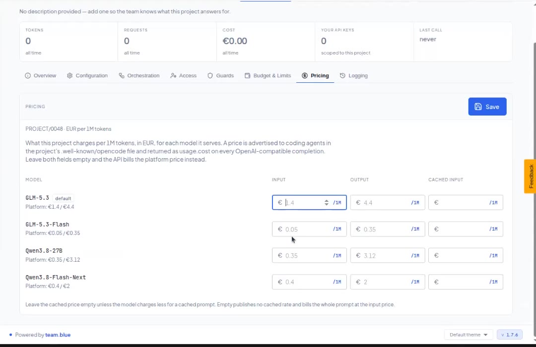 Pricing tab with per-model input, output and cached input prices
