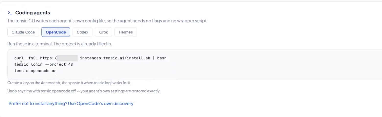 Connect page: Coding agents tabs and tensic CLI commands