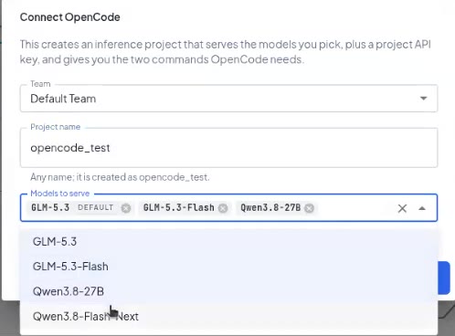 Connect OpenCode dialog with team, project name and models to serve