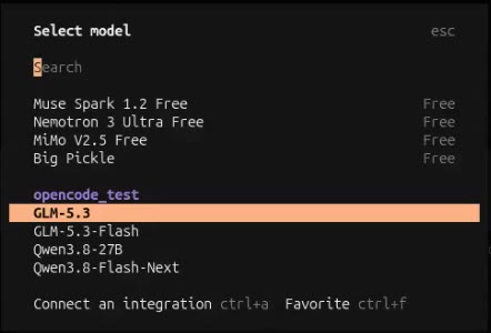 OpenCode model picker showing the Tensic project as a provider