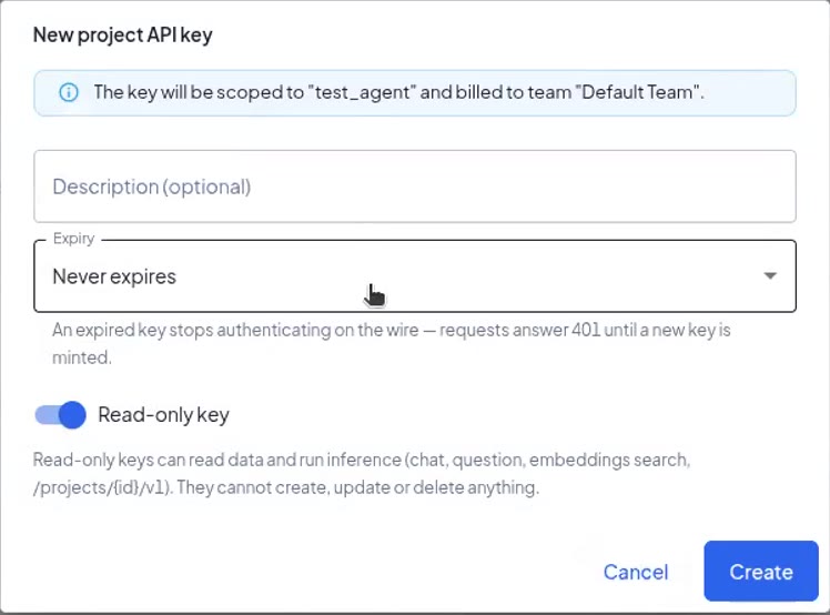 New project API key dialog with description, expiry and read-only options