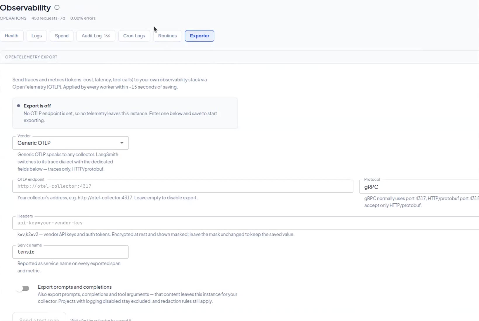 Exporter tab with OpenTelemetry vendor, endpoint, protocol, headers and service name
