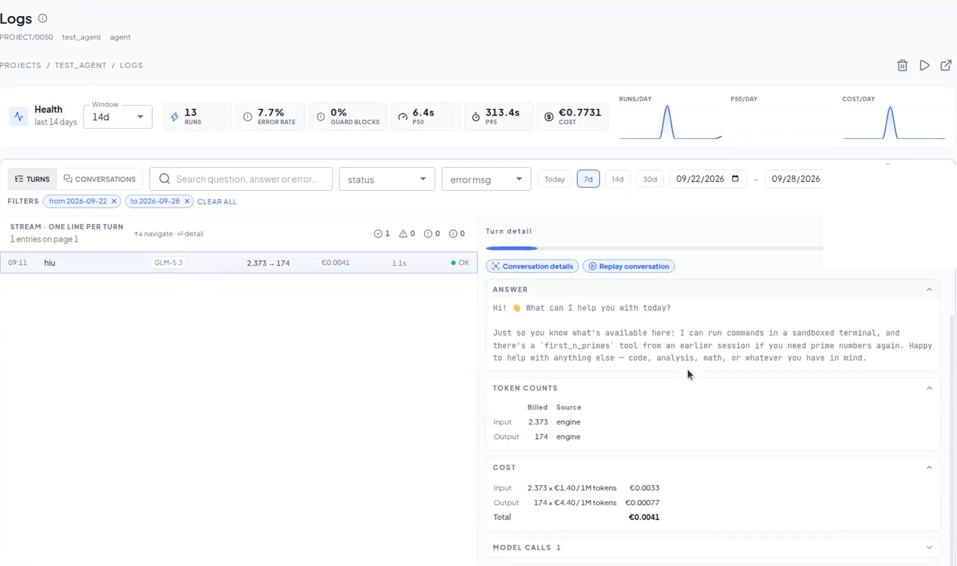 Project Logs view with health strip, turn list and turn detail showing token counts and cost
