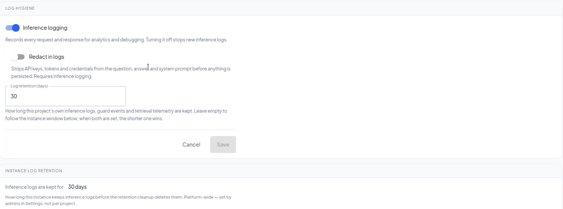 Logging tab with inference logging, redaction and retention settings