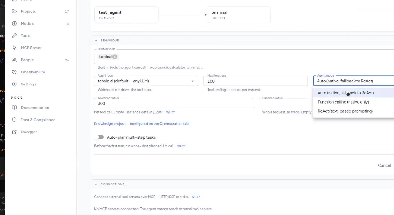 Agent mode options: Auto, Function calling and ReAct