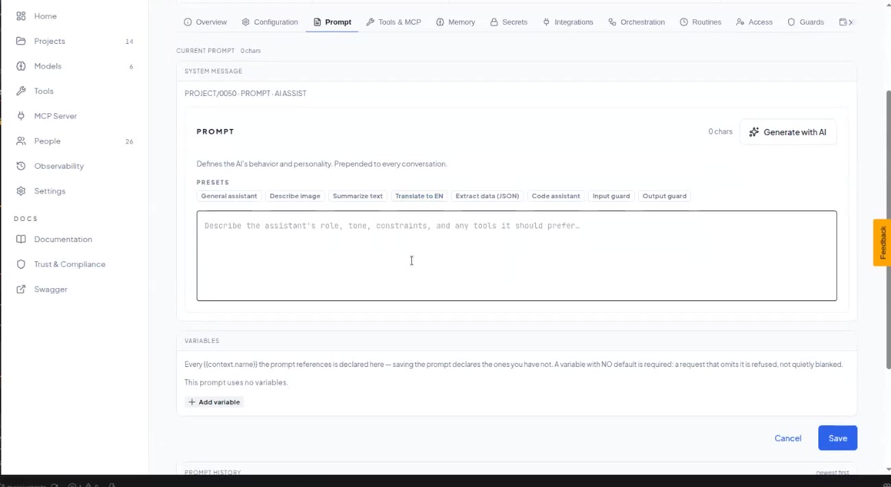 Prompt tab with Generate with AI, presets and the Variables section