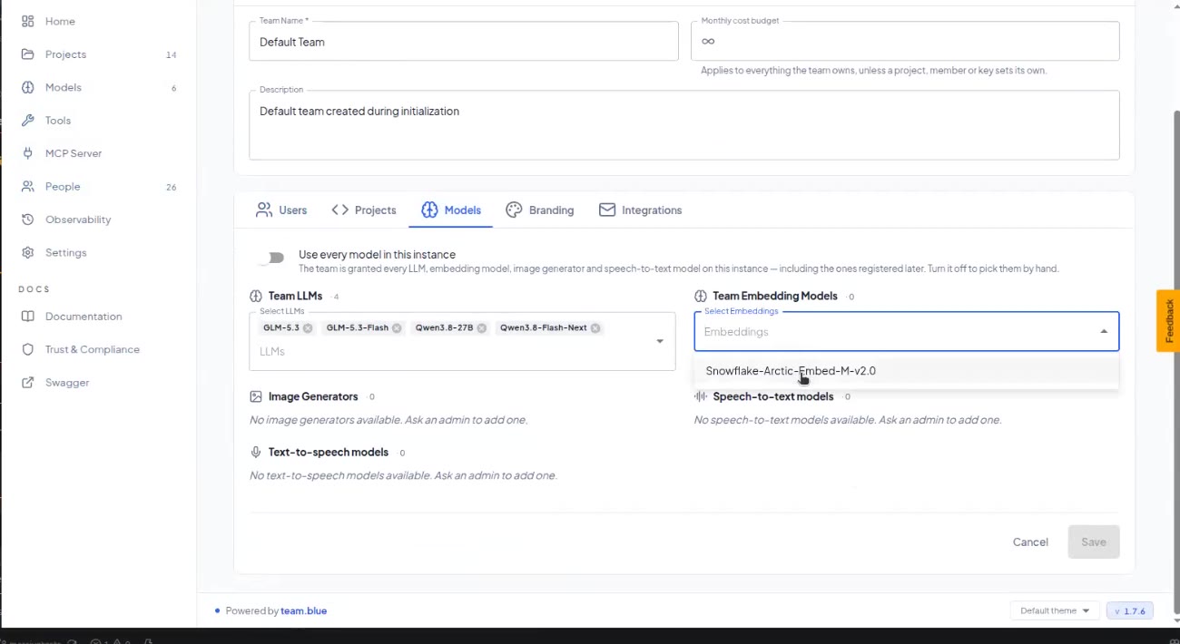 Team Models tab with Team LLMs and the Team Embedding Models selector open