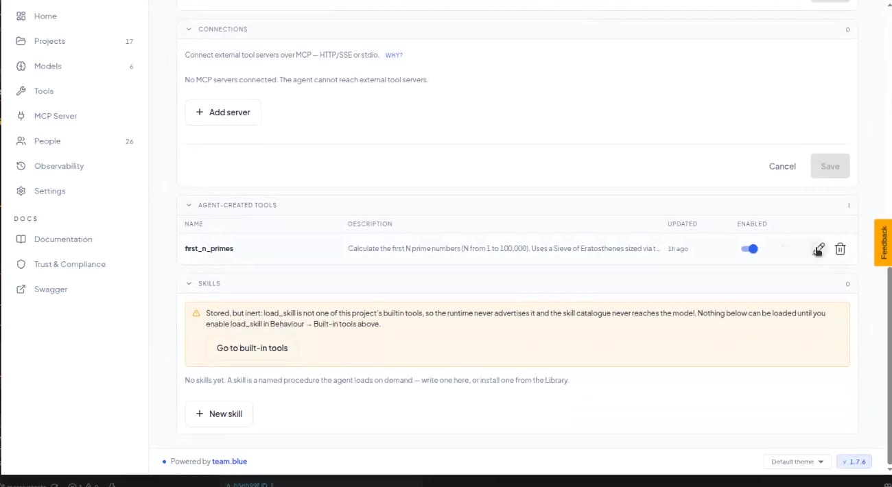 Agent-created tools list with the first_n_primes tool, its Enabled switch, and edit and delete buttons