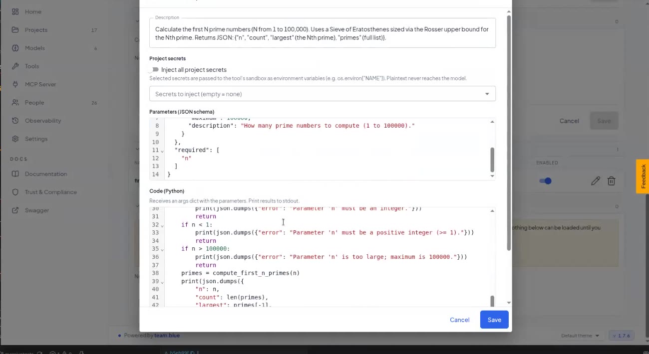 Edit dialog of an agent-created tool with Description, Project secrets, Parameters (JSON schema) and Code (Python)
