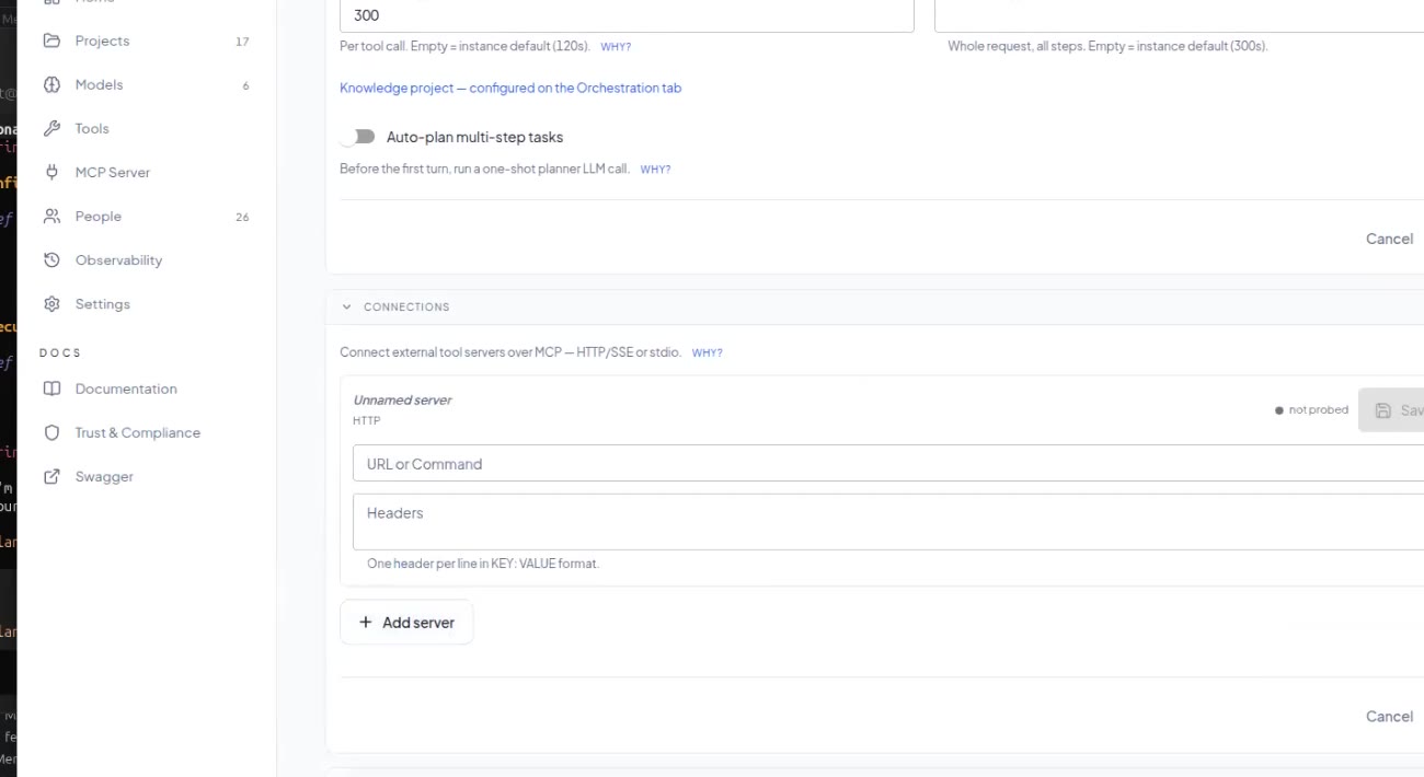 Connections section with a new MCP server entry: URL or Command and Headers