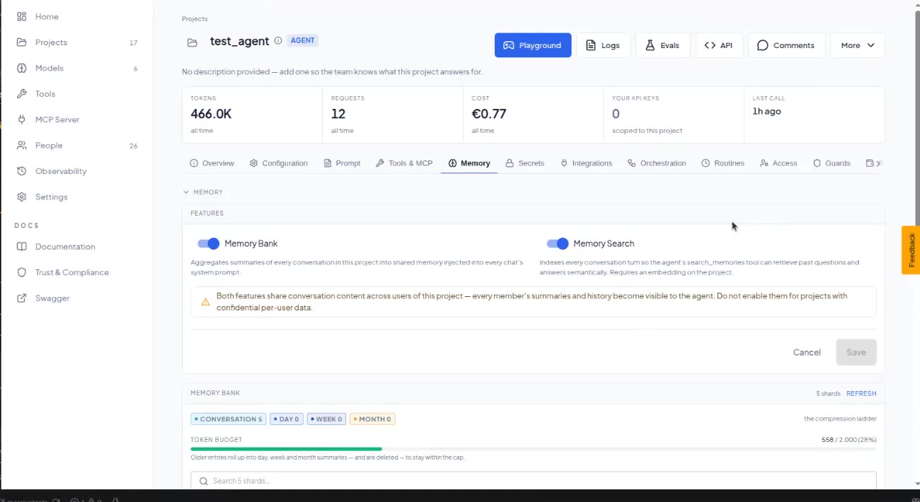 Memory tab with Memory Bank and Memory Search switched on, the shared-content warning, and the memory bank token budget