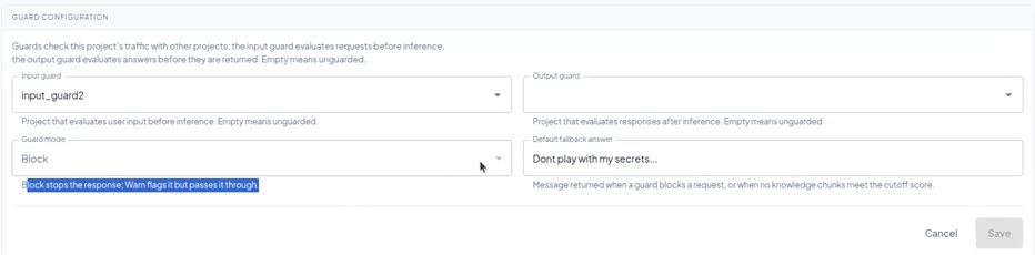 Guards tab with an input guard selected, guard mode Block and a custom default fallback answer