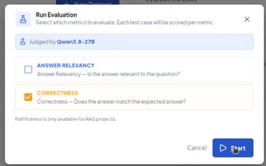 Run Evaluation dialog with the judge model and the Answer Relevancy and Correctness metrics