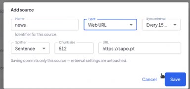 Add source dialog with type Web URL, a 15-minute sync interval, sentence splitter and chunk size 512