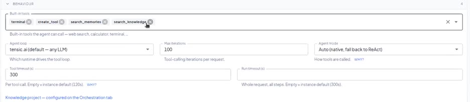 Tools & MCP tab with search_knowledge in the built-in tools