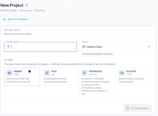 New Project page with the Router type