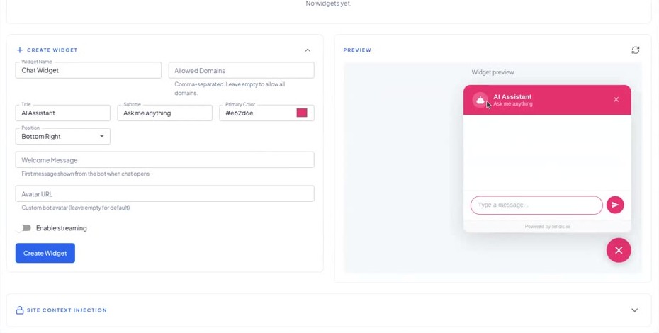 Create widget form with live preview