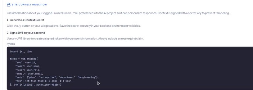 Site Context Injection instructions in the Widgets section