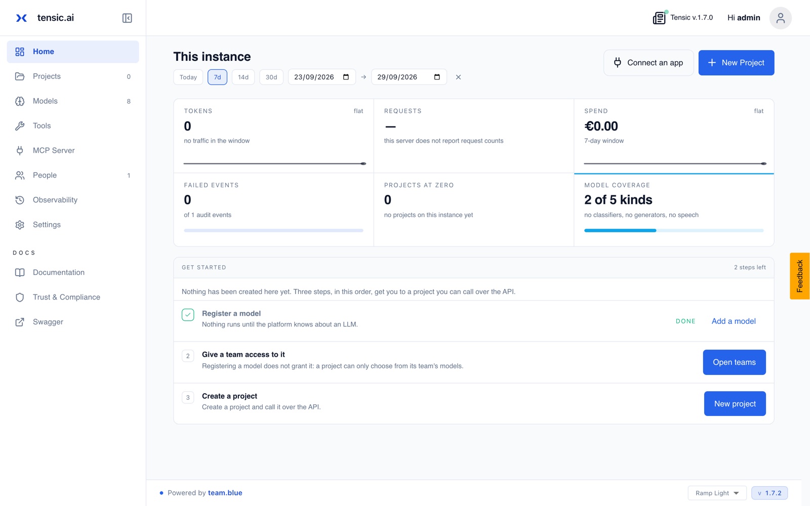 Home page of a new instance, before any project exists