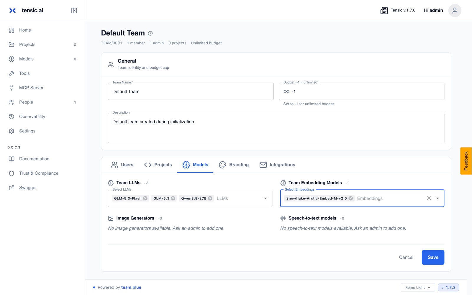 Team Models tab with three LLMs and an embedding model selected