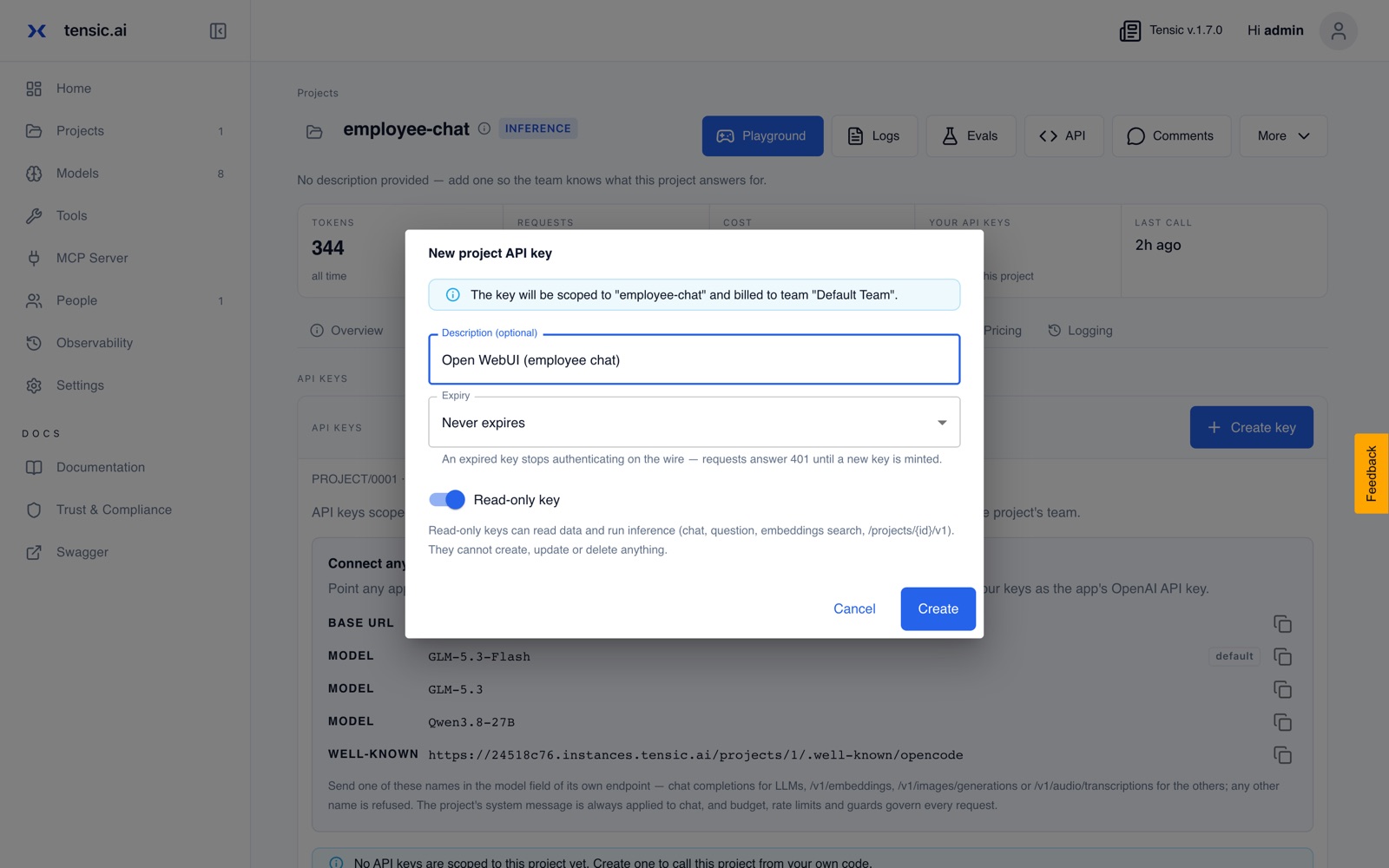 New project API key dialog