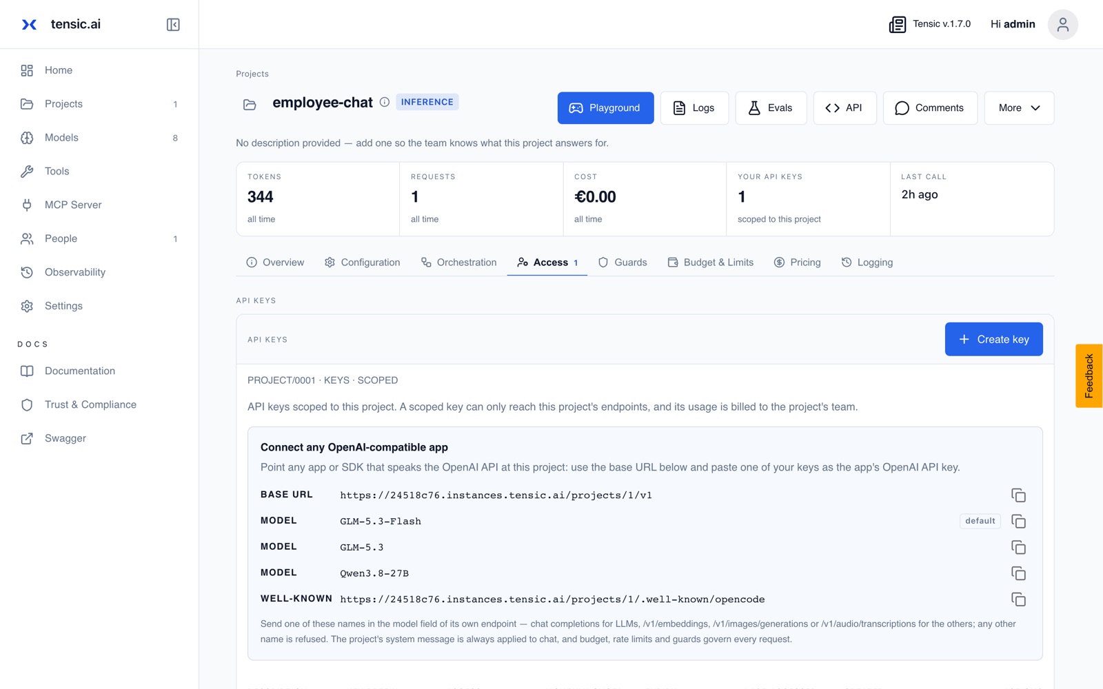 Access tab with the base URL and model names for OpenAI-compatible apps