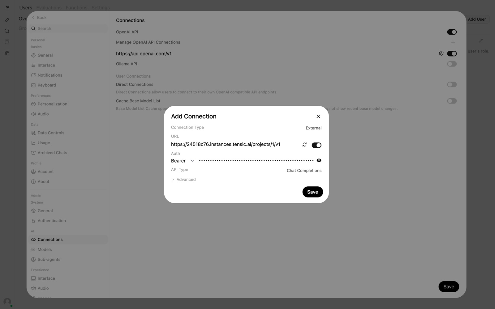 Add Connection in Open WebUI with the Tensic base URL and a Bearer key