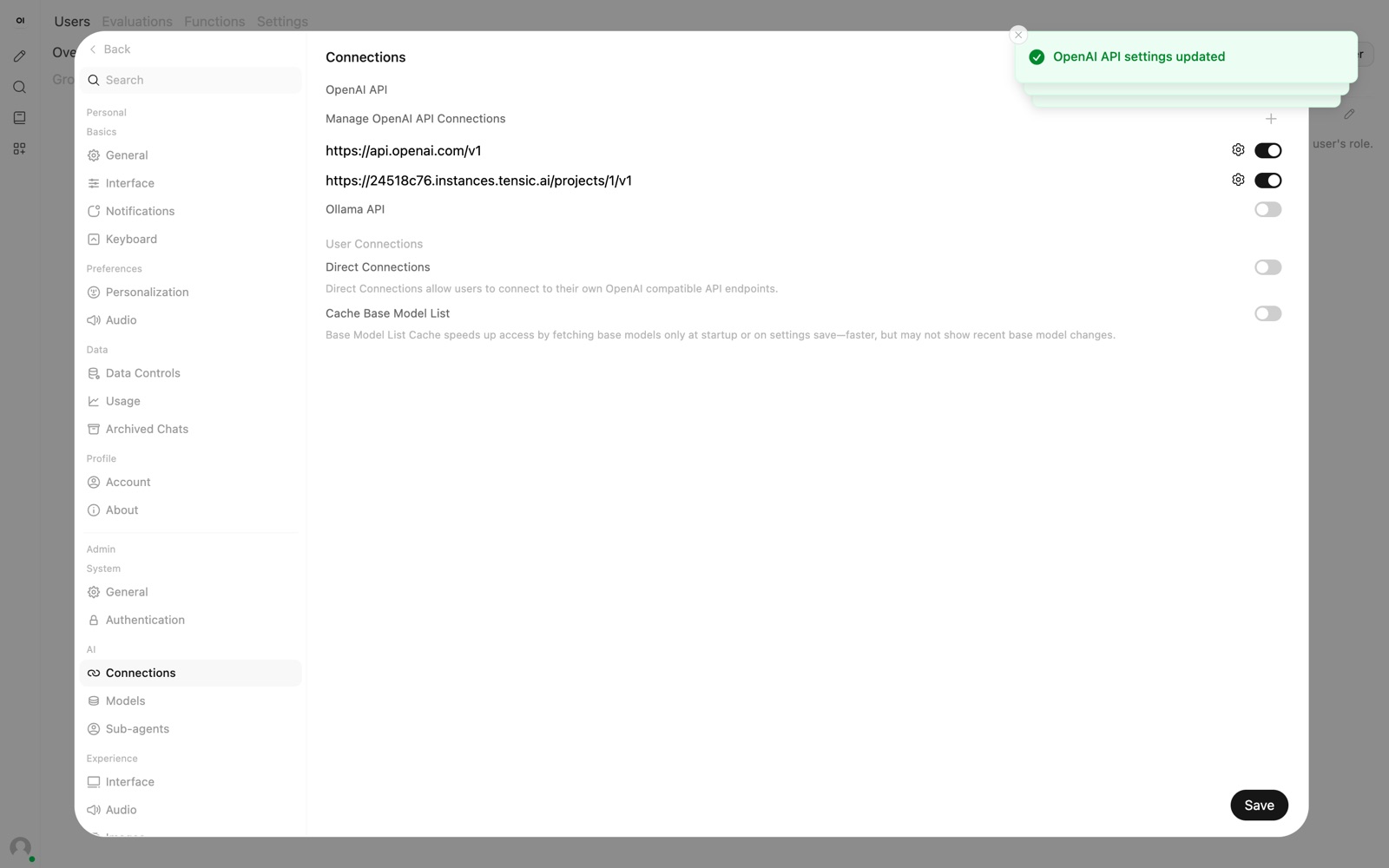 The Tensic connection listed in Open WebUI