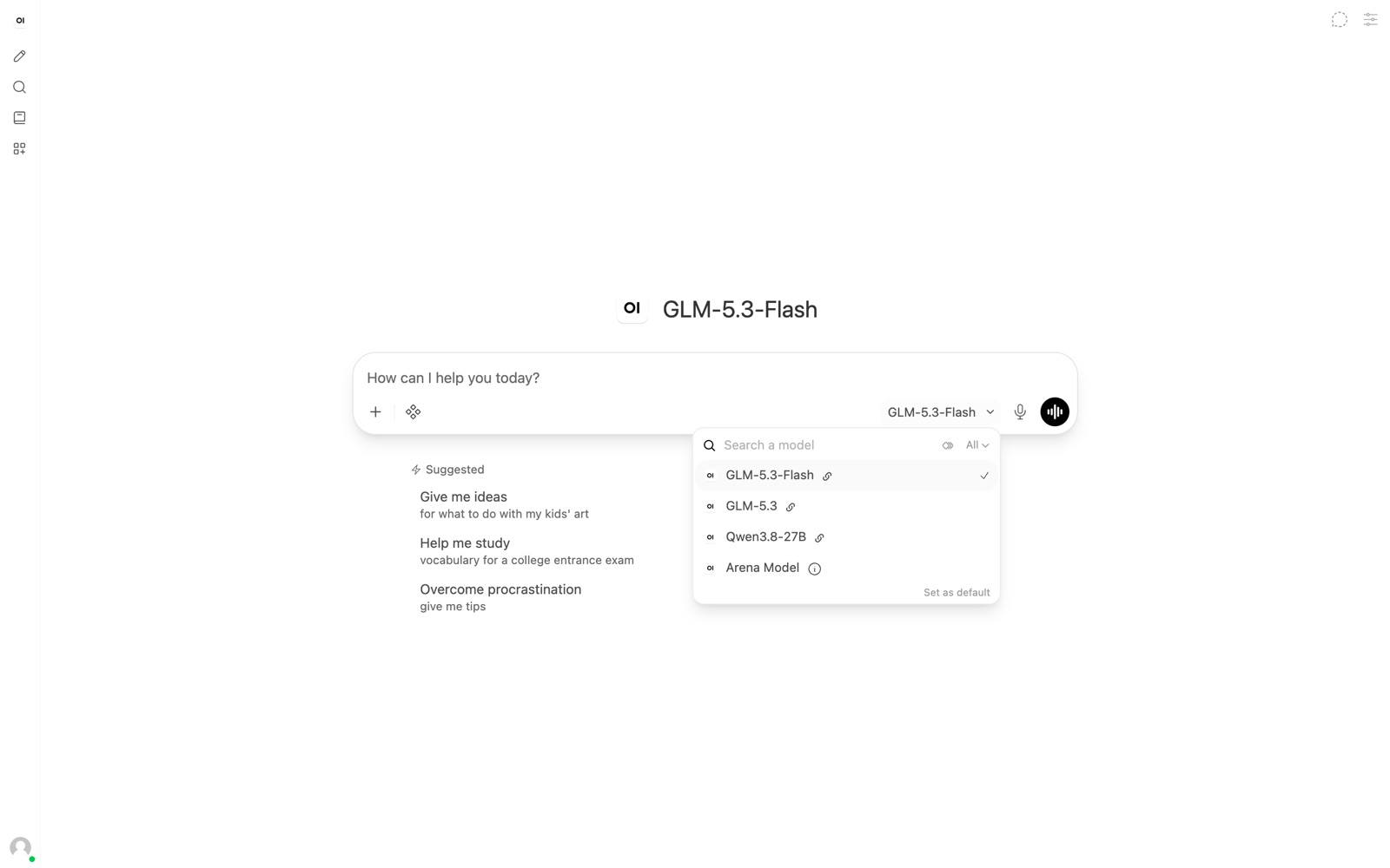 Open WebUI model picker listing the Tensic project's models