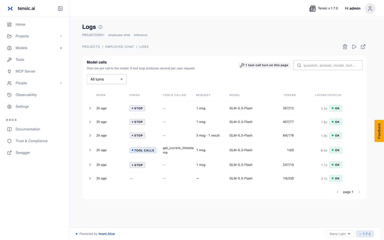 Project logs showing the requests from Open WebUI