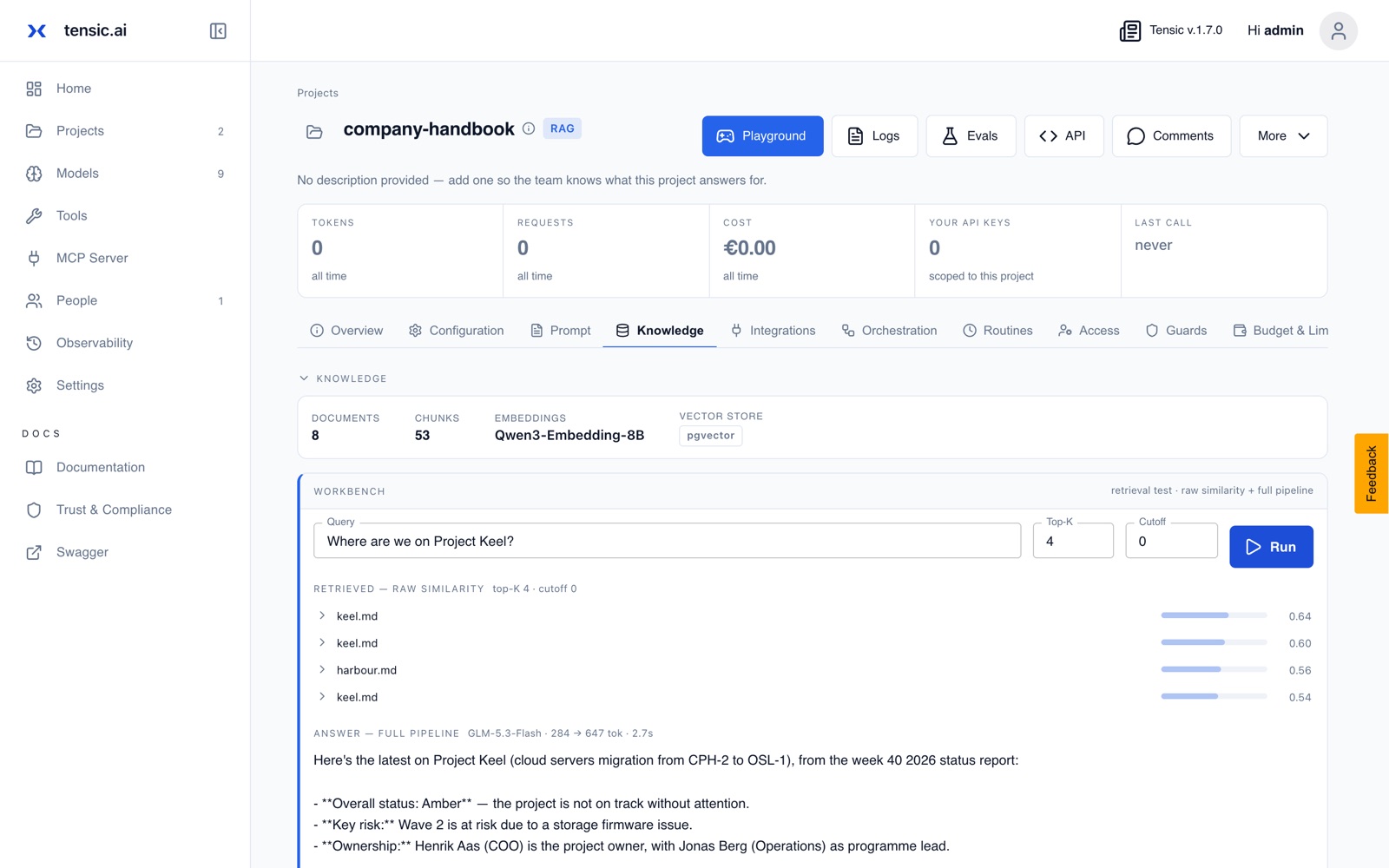 Workbench: a project question retrieves the right chunks with high scores