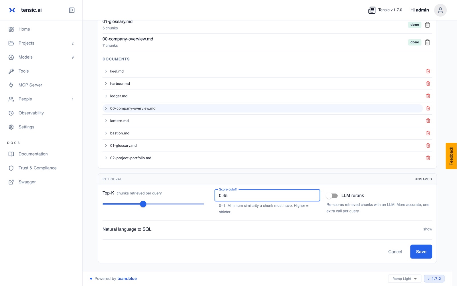 Retrieval settings with Top-K 4 and score cutoff 0.45