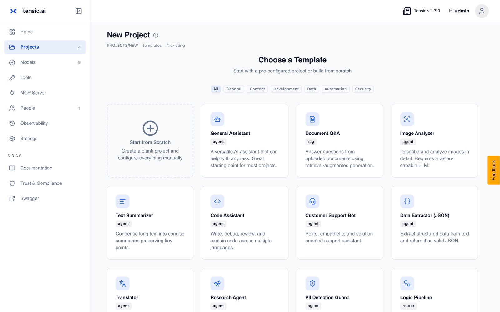 Template picker with Customer Support Bot