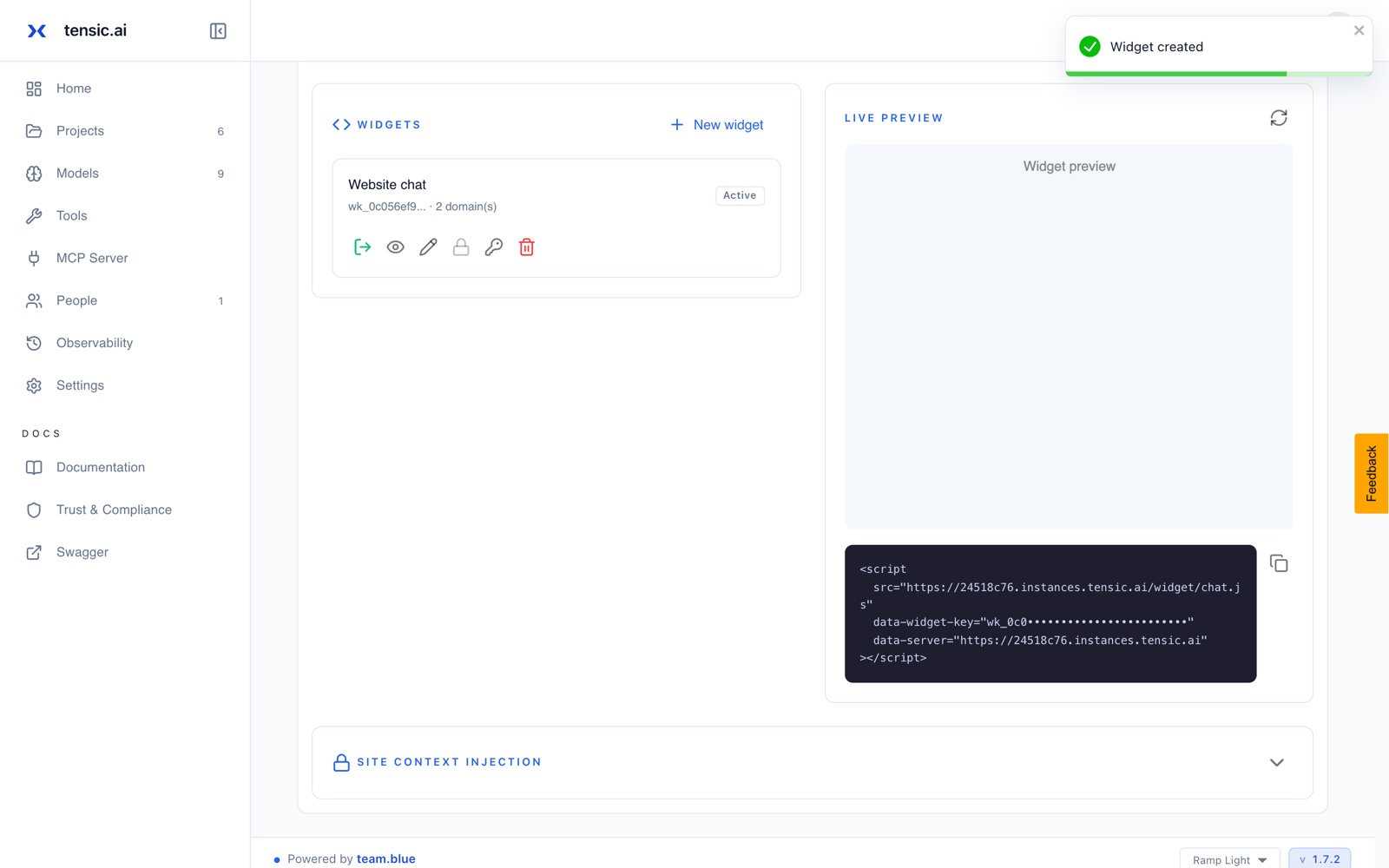 Widget created, with its embed snippet (key masked)